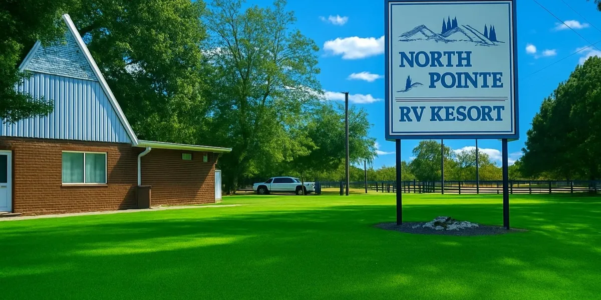 Entrance sign for North Point RV Kampground under a sunny sky.