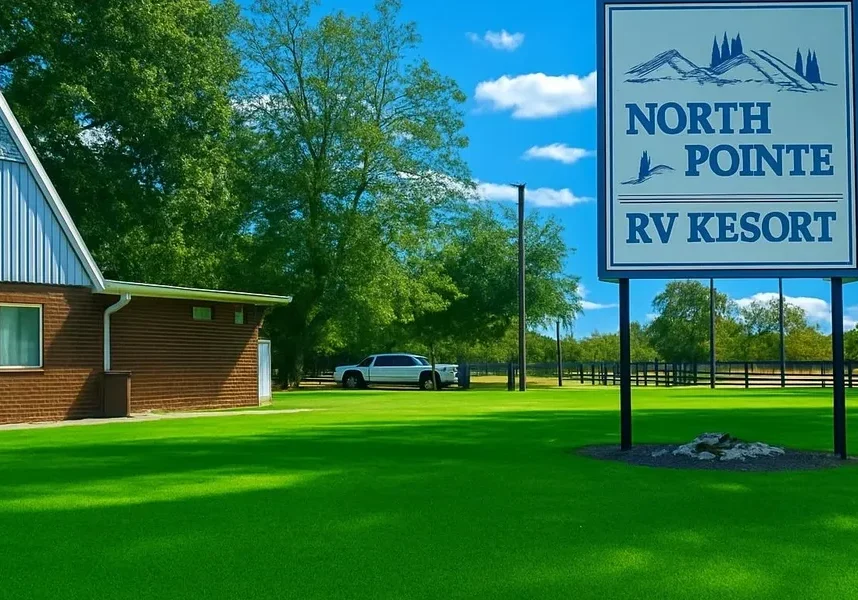 Entrance sign for North Point RV Kampground under a sunny sky.